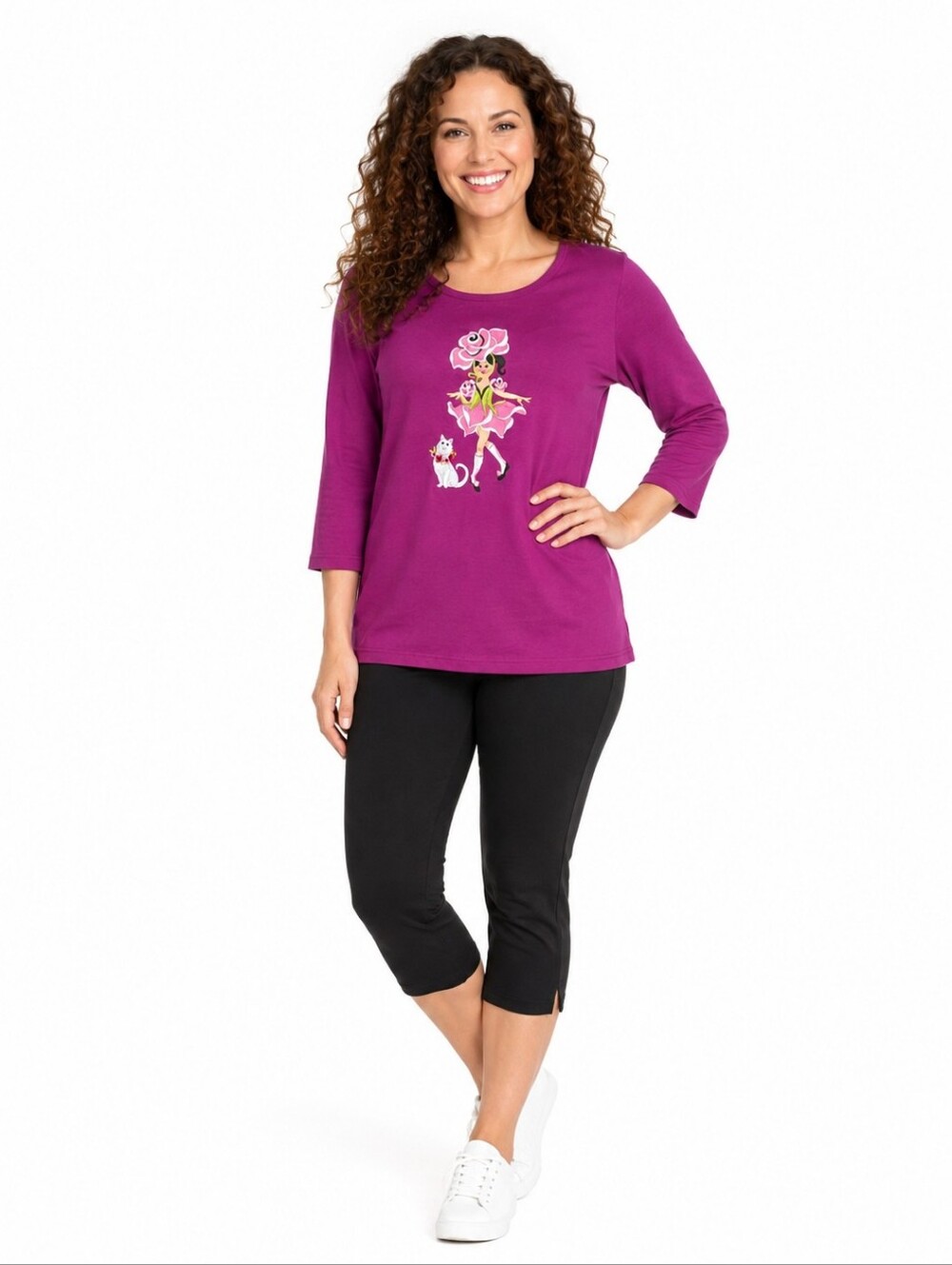 Bob Mackie Magenta Long-Sleeve Top with Ballerina and Cat Embroidery